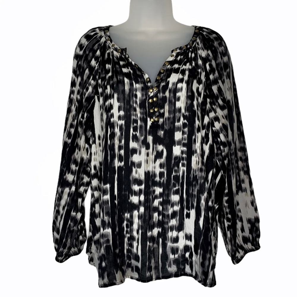 BEACH LUNCH LOUNGE Women's Black White Tie Dye 3/4 Sleeve Blouse Top Sz Small‎ S